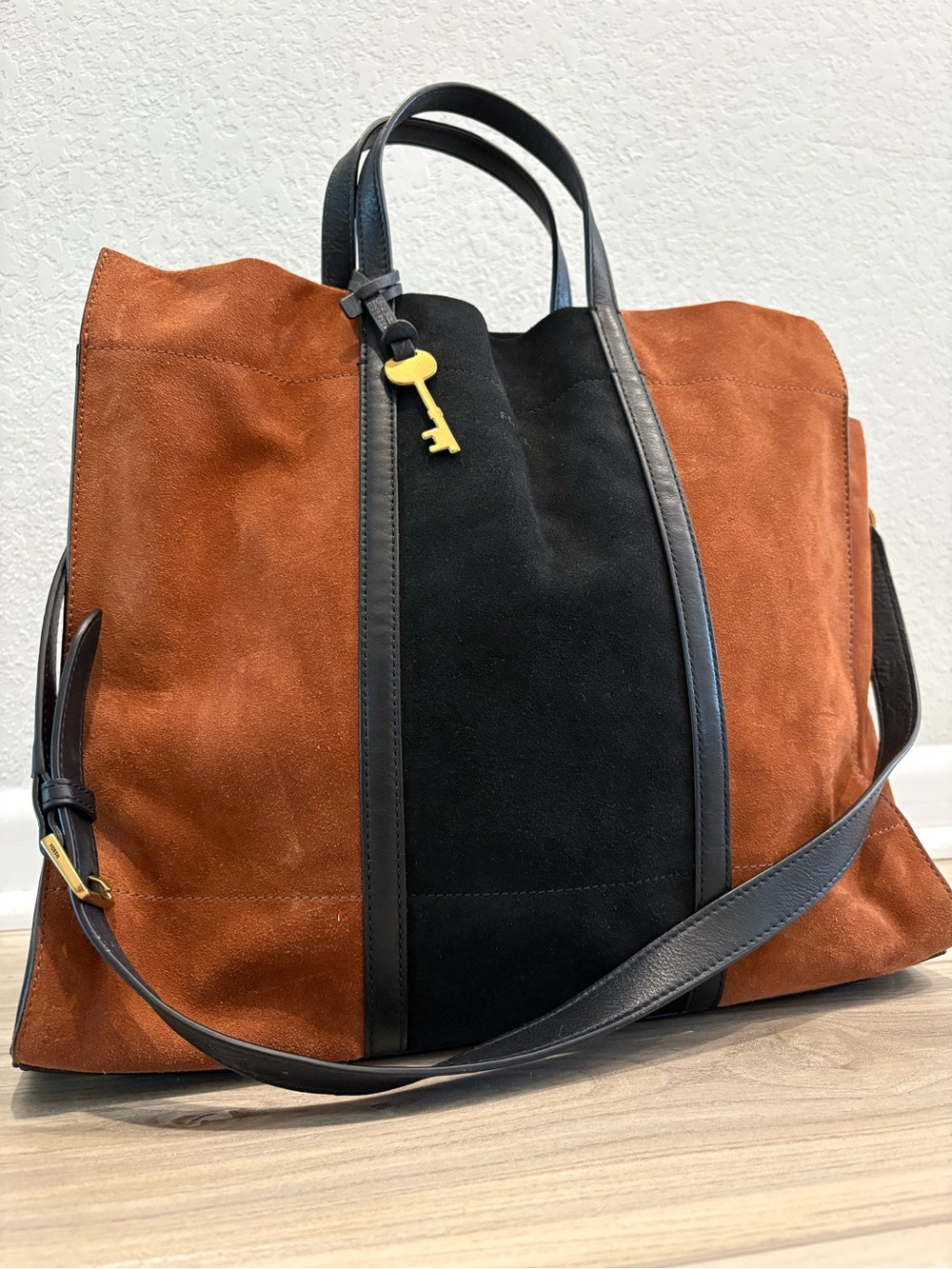 Fossil Rust Suede and Black Leather-Trim Tote